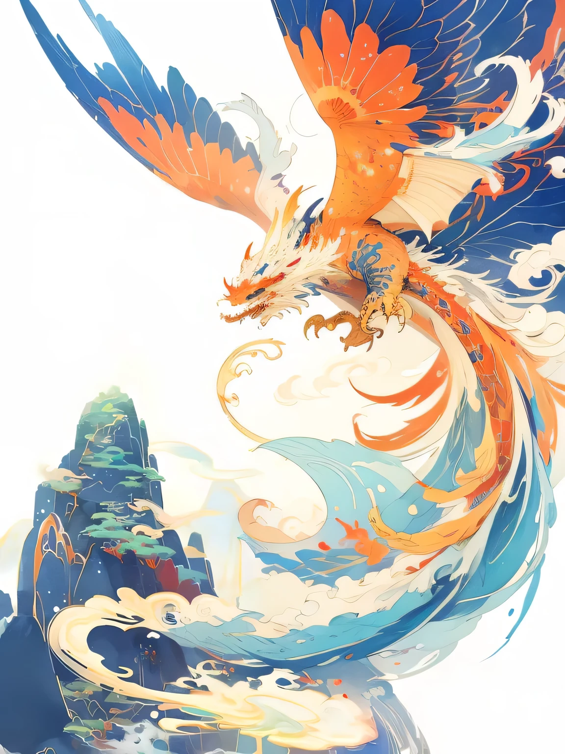 Brightly colored Chinese watercolor dragon flying over mountains with sky background, Dragon Art, 中国ink龙启发,Watercolor style,ink,Chinese Art Style,A beautiful artistic illustration