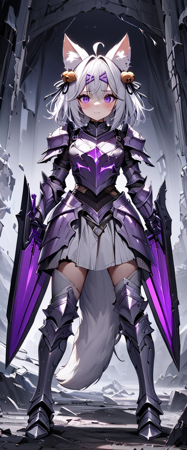 UHD, masterpiece, best quality, extremely detailed, anatomically correct, sharp focus, midnight, gloomy atmosphere, frontal light, soft light, diffused light, shade, no shadow, ((battlefield)), abandoned castle, broken castle, broken walls, broken floors, broken windows, broke glass, 1girl, solo, Filian, fox tail, small cat ears, white hair, short hair, shoulder length hair, ahoge, (purple hairclip:1.4), (hair bell:1.3), hair ornament, hair bell, big eyes, deep violet eyes, blush, closed mouth, slight smile, white knight's armor, metal breastplate, metal gauntlet, slim arms, hands wielding purple crystal sword, sword and shield, armored skirt, (chainmail chausses), slim legs, leg armor, metal greaves, armored boots, full body shot, full body pose, Eye-Level Shot, front view, full body pose,