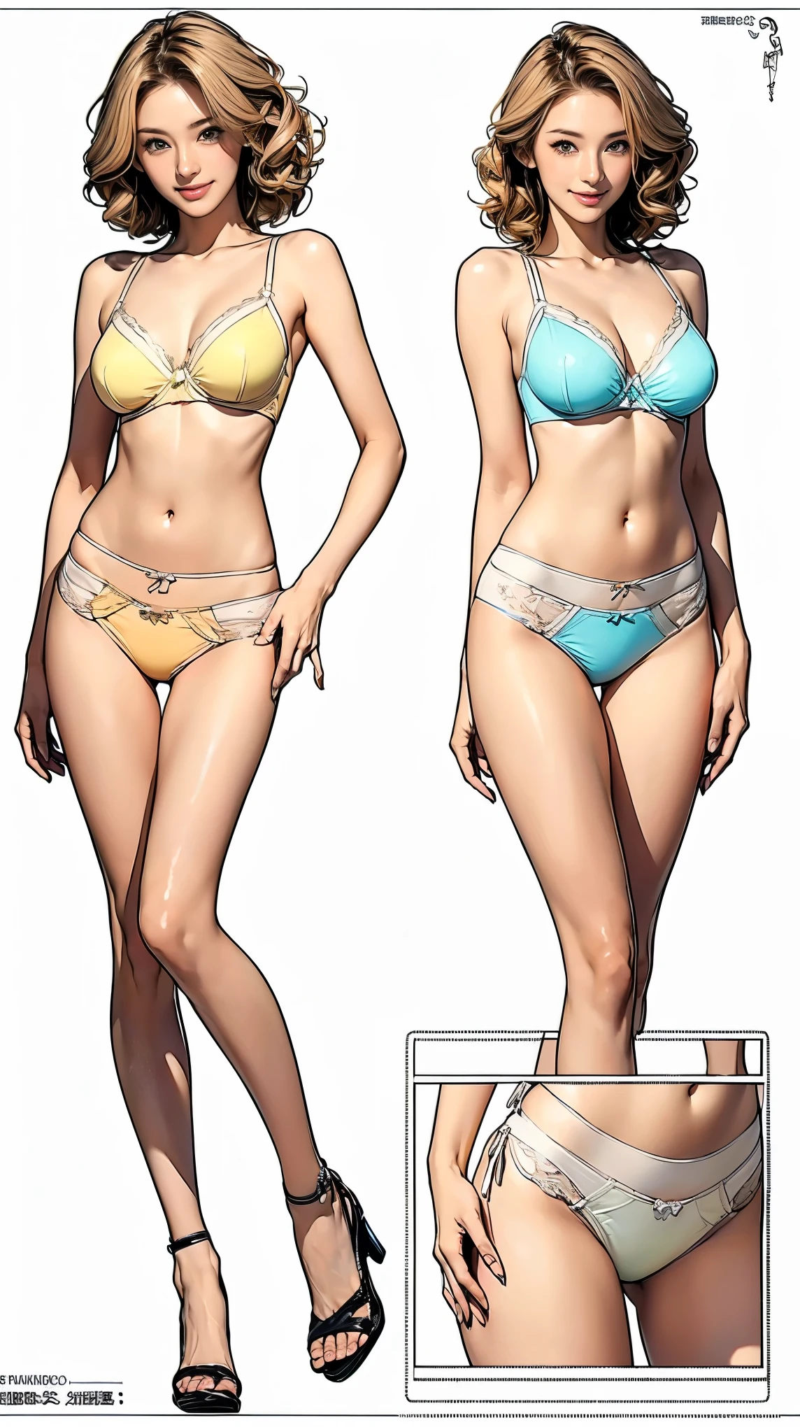((masterpiece)),(((Highest quality))),((Character design sheet)),Thin thighs,Long legs,(A very cute 20 year old young woman from Japan.), ((Light blonde delicate hair)), ((Short hair with messy side waves)),(((Slim and slender figure)))，Medium bust size､Small breasts､ (((Clean your hands)))，(Curly Hair)，(((A very kind smile))), (((She wears random colored panties)))，(((She&#39;s wearing a random color bra))) ((Highest quality, 16K, Tabletop: 1.3)), The light shines on your face, Highly detailed face, Highly detailed lips, Beautiful Eyes,