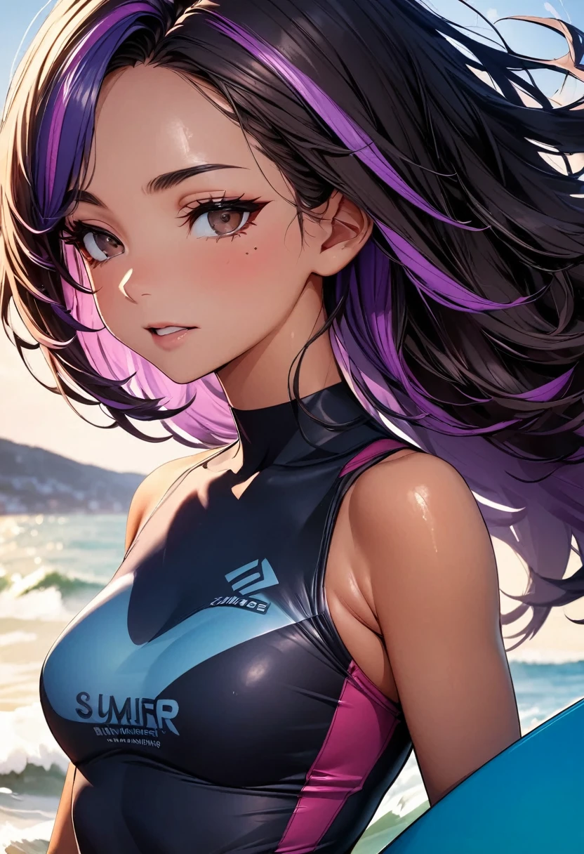 (highest quality:1.2, Very detailed, up to date, Vibrant, Ultra-high resolution, High Contrast, masterpiece:1.2, highest quality, Best aesthetics), Portraiture、girl、((25-years-old:1)), (a female surfing athlete:1.7), (riding on surfboard:1.6), surfing venue, (surf riding on big wave:1), dynamic angle, Bright colors、Beautiful fine details、Beautiful lip detail, long hair、black and purple ((streaked hair:1.6)), highlights hair: 1.5, brown eyes, ((slim body:1.4)), (small breast:0.7), (dark skin:0.5), surfing wear, side view