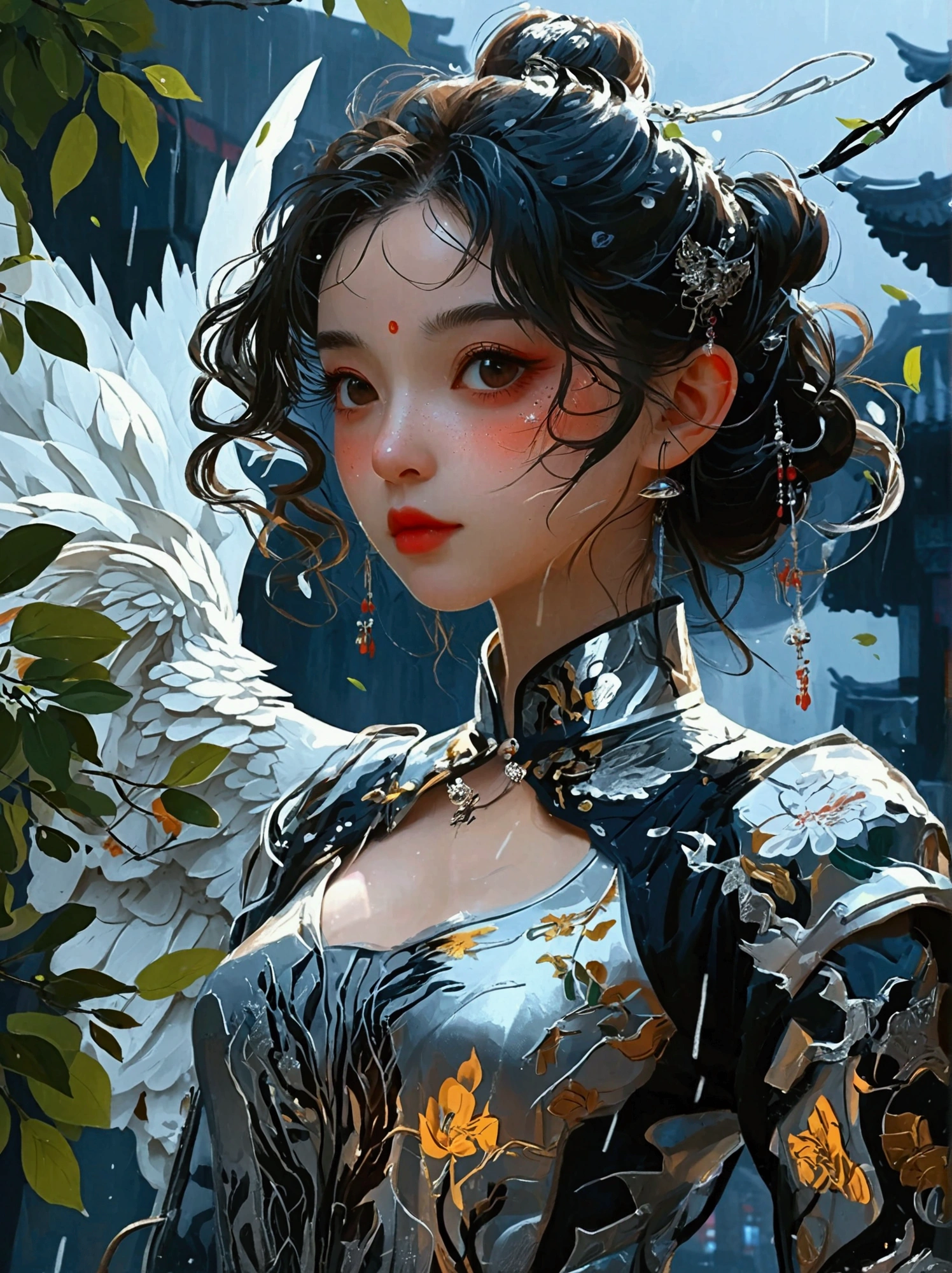 中国风大师work,(Best quality,4K,high resolution,masterpiece:1.2),Rich in details,Lifelike,Dazzling,Traditional Chinese ink painting,Willow Branches,Wu Changshuo,masterpiece,Best quality,illustration,1 个girl,Small Breasts,美丽詳細な目,Beautiful and detailed cyberpunk city,a flat chest,Beautiful and delicate hair,curls,beautiful detailed street,Mecha Clothes,girl,Cool action,Silver tights,(Filigree),Dragon Wing,Colored background,girl身后站着一条龙,rain,(Lightning Effect),Beautifully detailed silver dragon armor,(Cold face),work,Colorful,The visuals are stunning,Extraordinary appearance,The artistry is fascinating,attract the audience,First-person perspective,Anatomically correct,accurate,8k