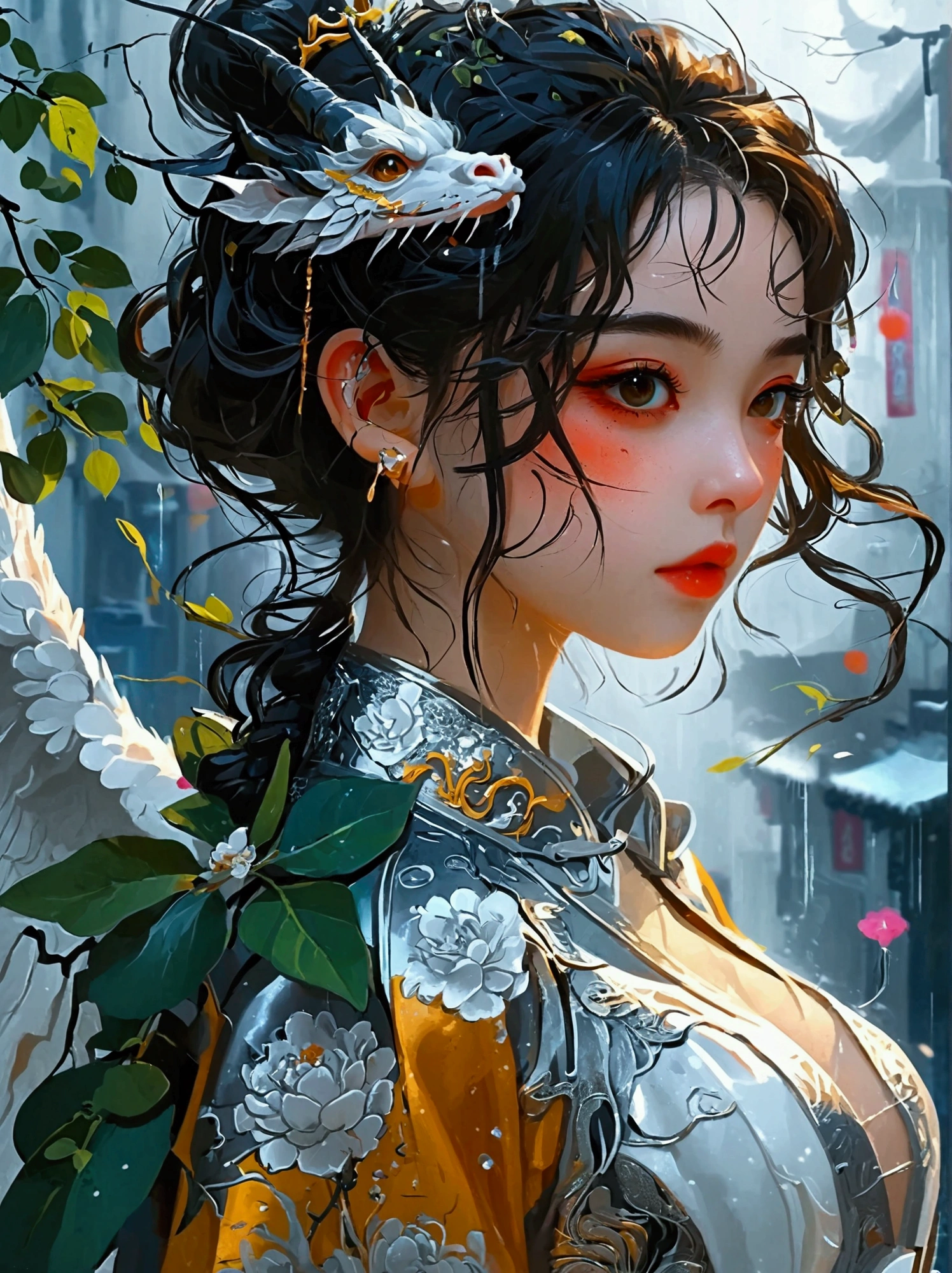 中国风大师work，(Best quality，4K，high resolution，masterpiece:1.2)，Rich in details，Lifelike，Dazzling，Traditional Chinese ink painting，Willow Branches，Wu Changshuo，masterpiece，Best quality，illustration，1 个girl，Small Breasts，美丽詳細な目，Beautiful and detailed cyberpunk city，a flat chest，Beautiful and delicate hair，curls，beautiful detailed street，Mecha Clothes，girl，Cool action，Silver tights，(Filigree)，Dragon Wing，Colored background，girl身后站着一条龙，rain，（Lightning Effect），Beautifully detailed silver dragon armor，(Cold face)，work，Colorful，The visuals are stunning，Extraordinary appearance，The artistry is fascinating，attract the audience，First-person perspective，Anatomically correct，accurate，8k