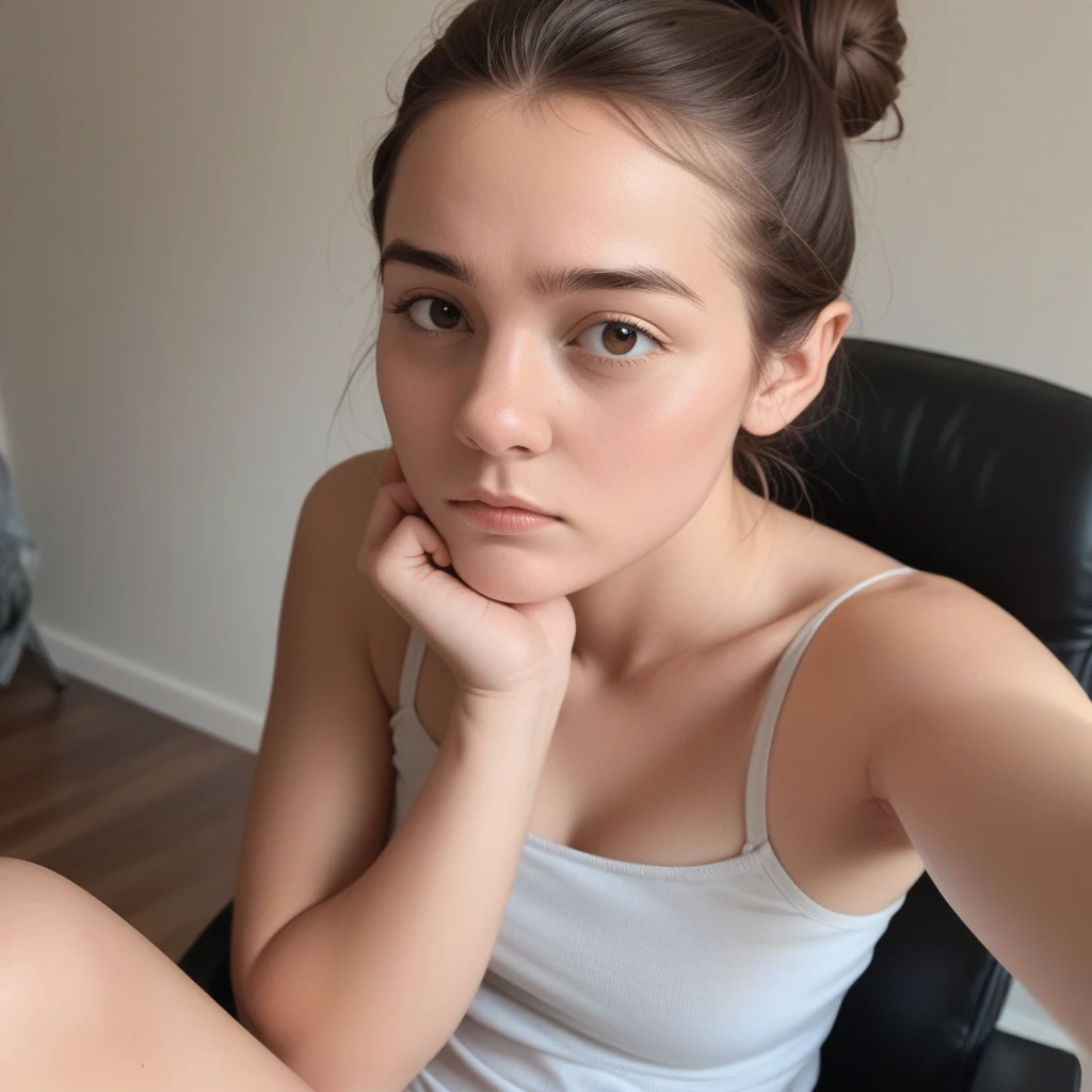 8K,Best quality, masterpiece, ultra high res, (photorealistic:1.4), raw photo, (Authentic skin texture:1.3), (film grain:1.3), (selfie angle),1girl, one bun hairstyle, brown hair, sitting, chair, bored, hand supporting chin, beautiful detailed eyes and face,masterpiece, best quality,close-up,upper bod,