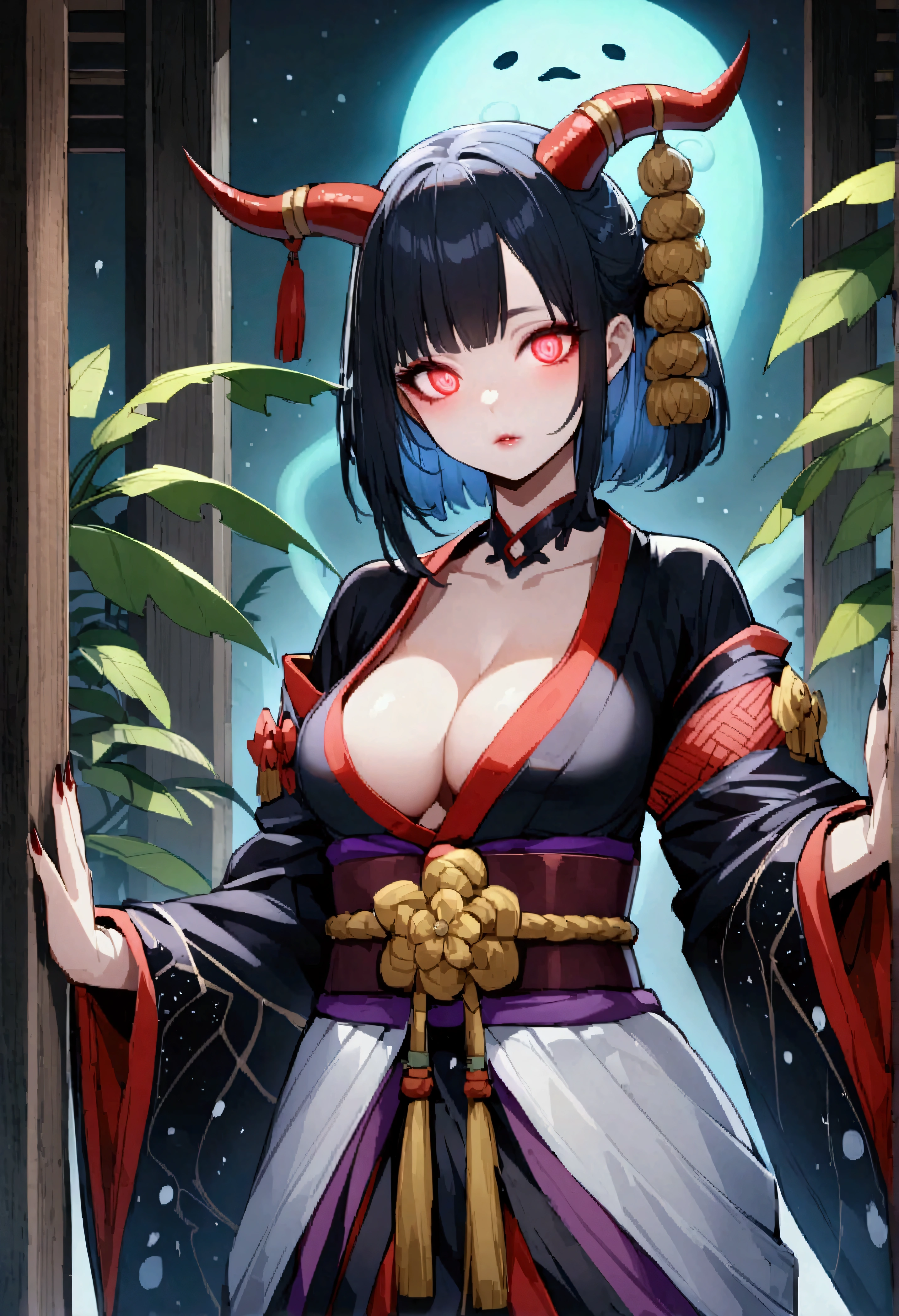 Beautiful demon girl、Space Kimono、(Personification:0.8)、Space horror、horn、Cleavage、Black makeup、Glowing Eyes、Detailed Background、Japanese style temple、ghost、spirit、Apparition、sword、plant、t Mr M、Blood、Wooden floor、空中の魔法のspirit、spirit動物、