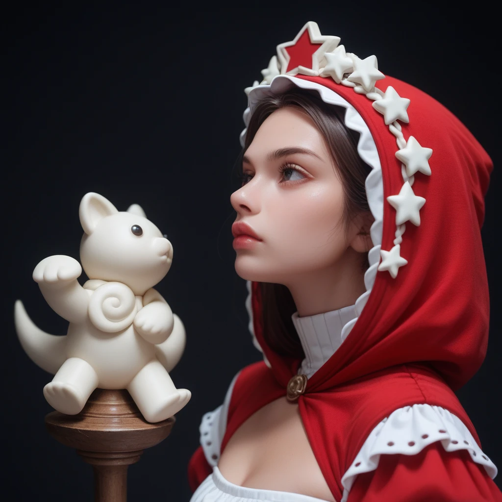 ((extreme detail)),(ultra-detailed), extremely detailed CG unity 8k wallpaper, velvet, figurine, red hood, crop top, star headdress, puffy sleeves, lips, looking away, close-up, head turn, black background