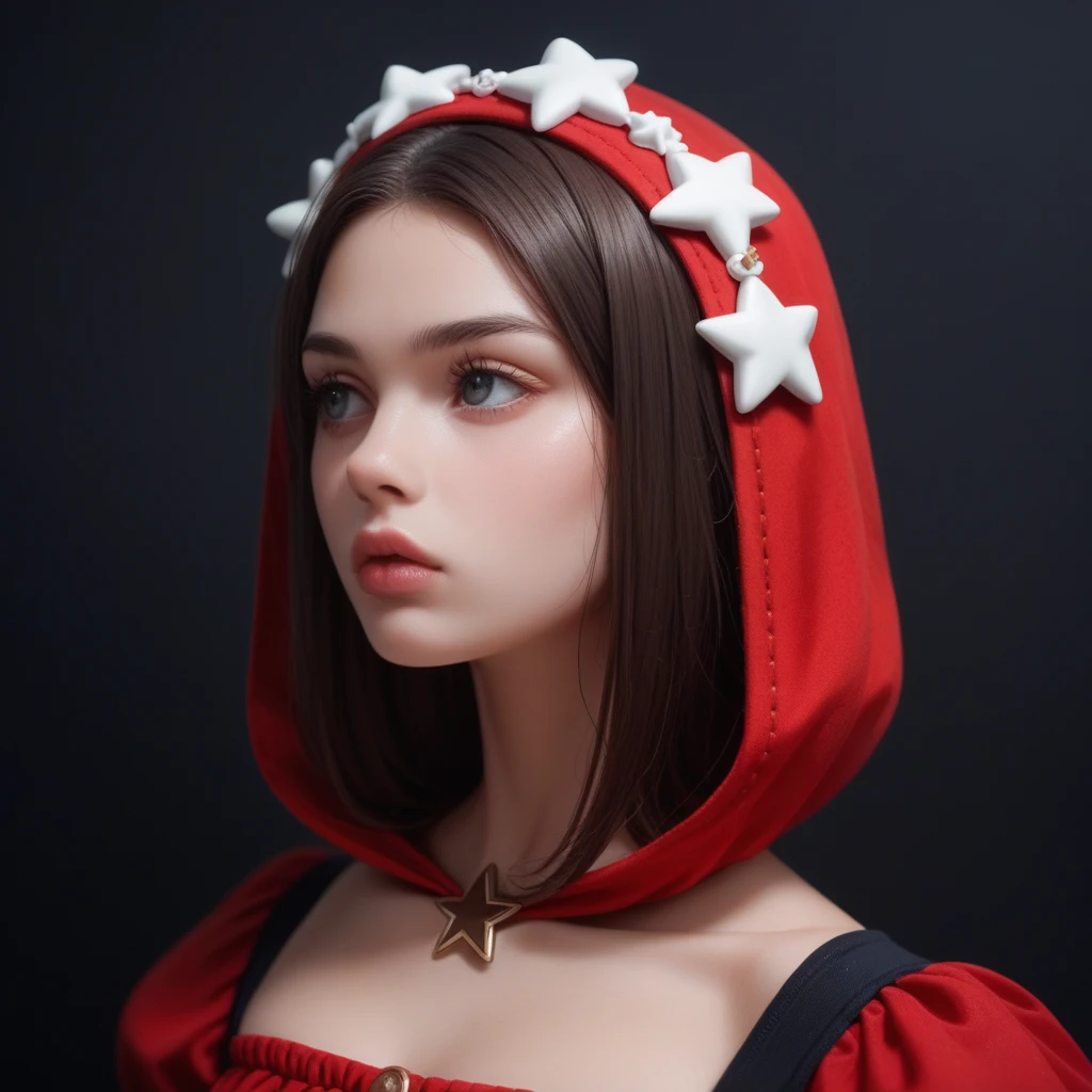 ((extreme detail)),(ultra-detailed), extremely detailed CG unity 8k wallpaper, velvet, figurine, red hood, crop top, star headdress, puffy sleeves, lips, looking away, close-up, head turn, black background