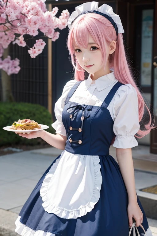Anime girl with pink hair and a blue dress holding a tray of food, Animated drawing by Kamagurka, Pixiv, Conceptual Art, Splash Art Anime , Rorish, Anime Moe Art Style, Little Lolita Girl, guweiz on Pixiv artstation, Maid clothesを着たアニメの女の子, , Maid clothes, 