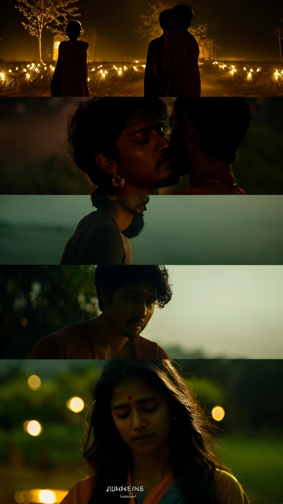 Emotional portrait, beautifully captures the emotional turmoil of a South Indian man who is deeply in love but is forced to part ways with his beloved. It's a poignant portrayal of heartbreak and the yearning for a lost love.cinematic lighting, masterpiece,shot on canon eos r1