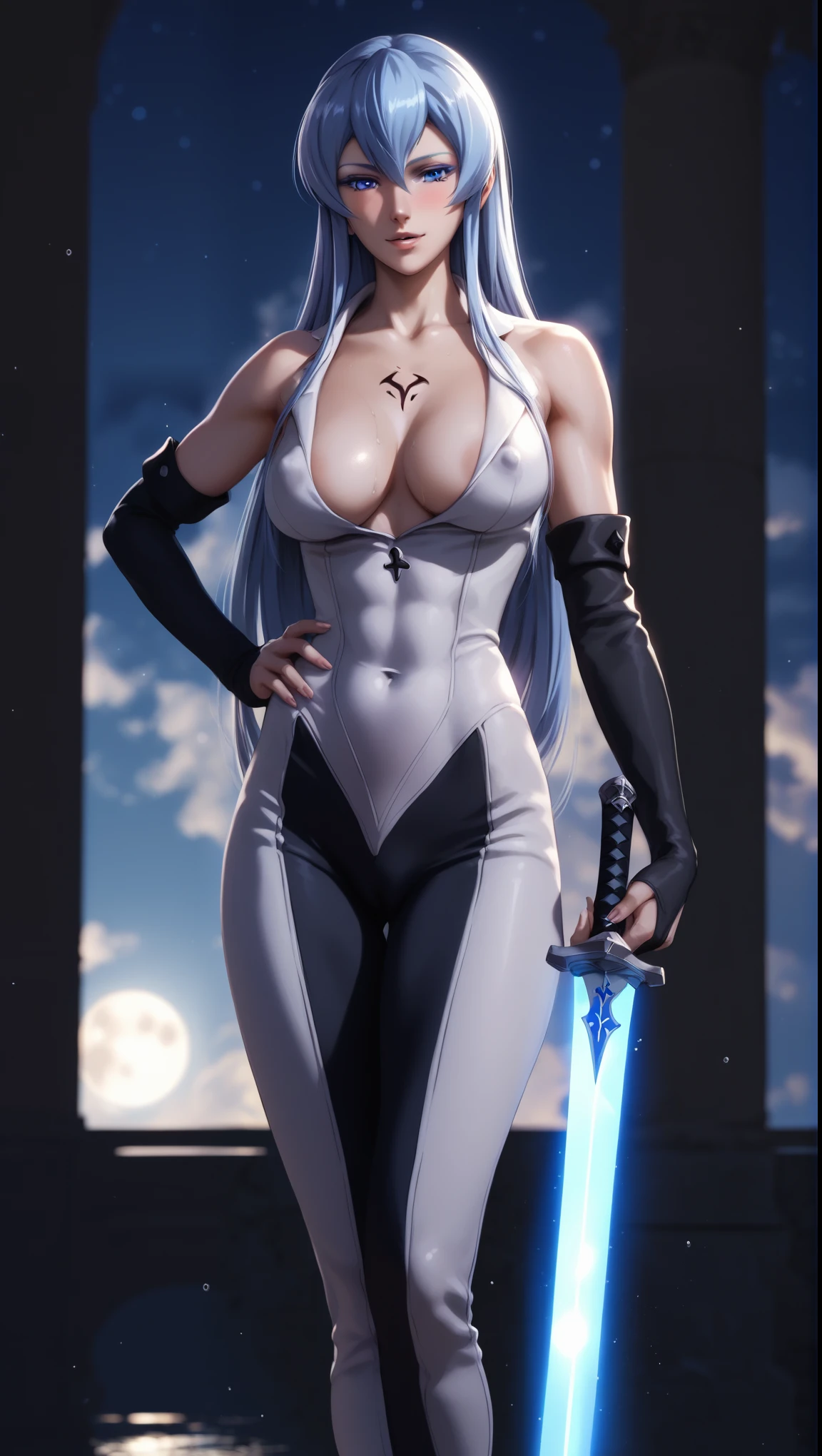 (PersonalAmi art style:0.7), (hero neisan art style:0.7), score_9, score_8_up, score_7_up, score_6_up, uncensored, esdeath, blue eyes, blue hair, long hair, eyelashes, chest tattoo, mulitcolored eyelashes, BREAK (masterpiece:1.2), best quality, high resolution, perfect lighting, (perfect hands, perfect anatomy), large breasts, sagging breasts, 1girl, breasts, moon, bodysuit, solo, full moon, glowing sword, sword, night, gloves, covered navel, looking at viewer, purple bodysuit, black gloves, rope, parted lips, skin tight, armor, night sky, hand on own hip, moonlight, sky, planted, outdoors, elbow gloves, bokeh, fireflies, water drop, cloudy sky, shiny body skin, muscular female, seductive smile,