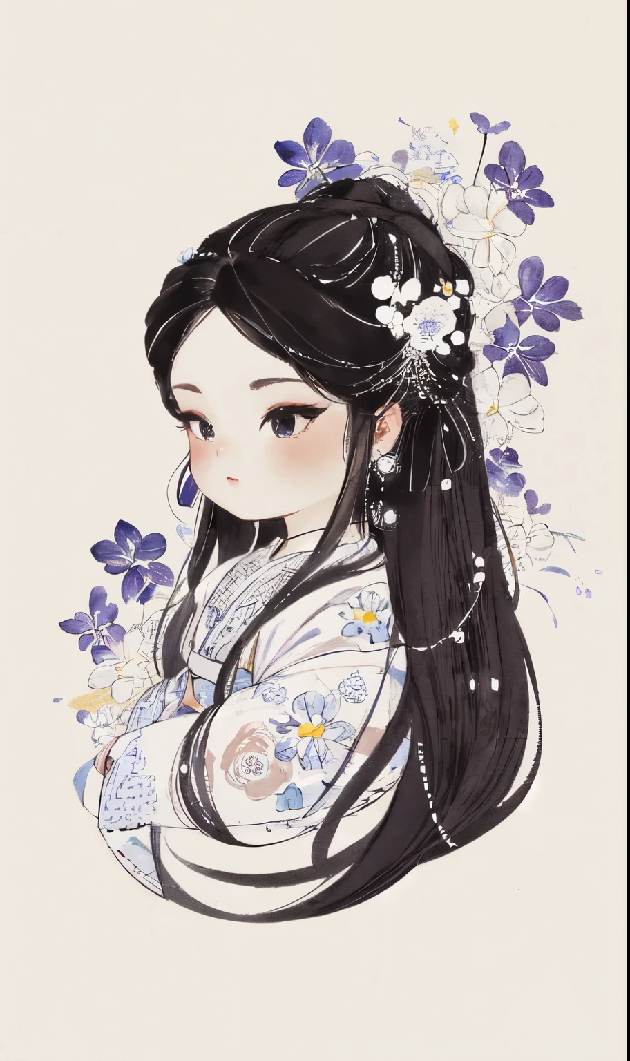 chibi ink painting, 1girl,black eyes,long hair,super precise depiction, (flowers),multiple colors,high definition,Rich in intricate details,((masterpiece)), ((best quality)), 8k, high detailed, ultra-detailed, sharper lines , white background,dark purple color tones,