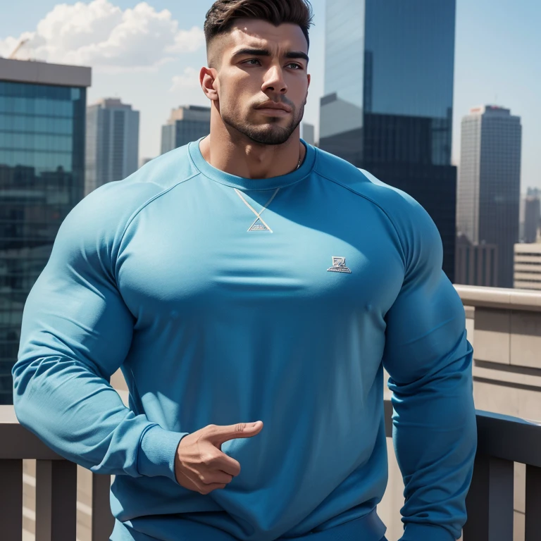 a very handsome young man, massively muscular, with massively large muscles, with massively large biceps, with massively large arms, wearing a simple blue sweatshirt with long sleeves, on top of a building, seen close up