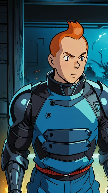 (Teens:1male: Tintin), (extremely detailed CG unit 8k wallpaper),(master part), (best quality), (ultra detail), (best illustration),(Samurai
Cybernetic), cowboy shot, (Sharp eyeliner, ombre, detailed eyes:1), dark neon light cyberpunk indoors background, ,break , (ghibli style), upper body, very short hair,orange hair