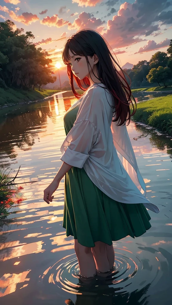 Every sunset carries the promise of a new dawn. Accept the outcome, Paving the way for a beautiful beginning. Nature painting. green, red tint, cloudy, sunset, green、A woman is reflected in the photo.