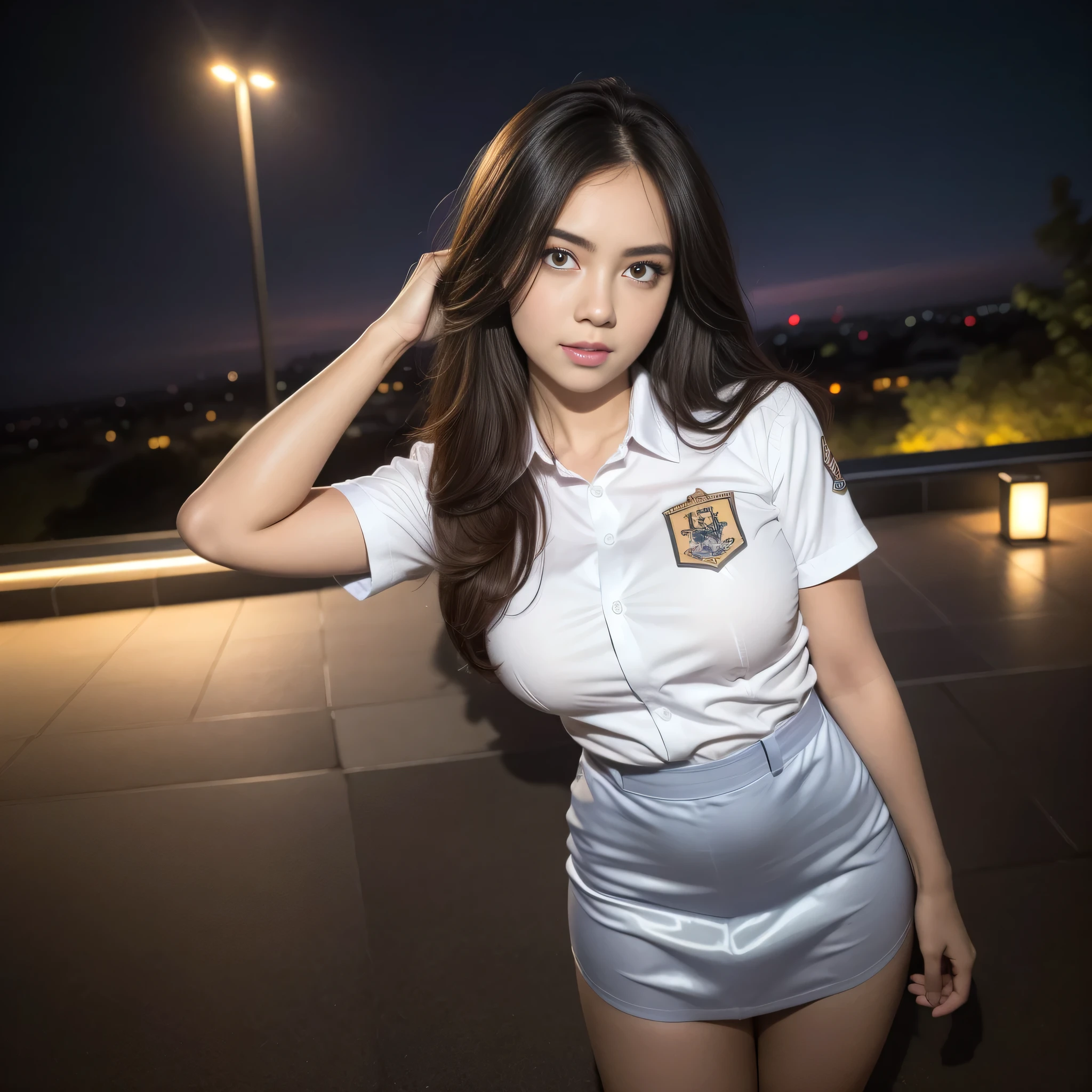 1girl, (uniform), standing, outdoors, night view, detailed Metropolitan city at the background, (above head shot: 1.4), detailed face, detailed eyes, brunette, big breasts, smooth realistic skin, semi-curvy body, white shirt, grey blue hot miniskirt , looking at the audience, (8k, RAW photo, best quality, masterpiece: 1.2), (realistic, realistic: 1.37), ultra-high resolution