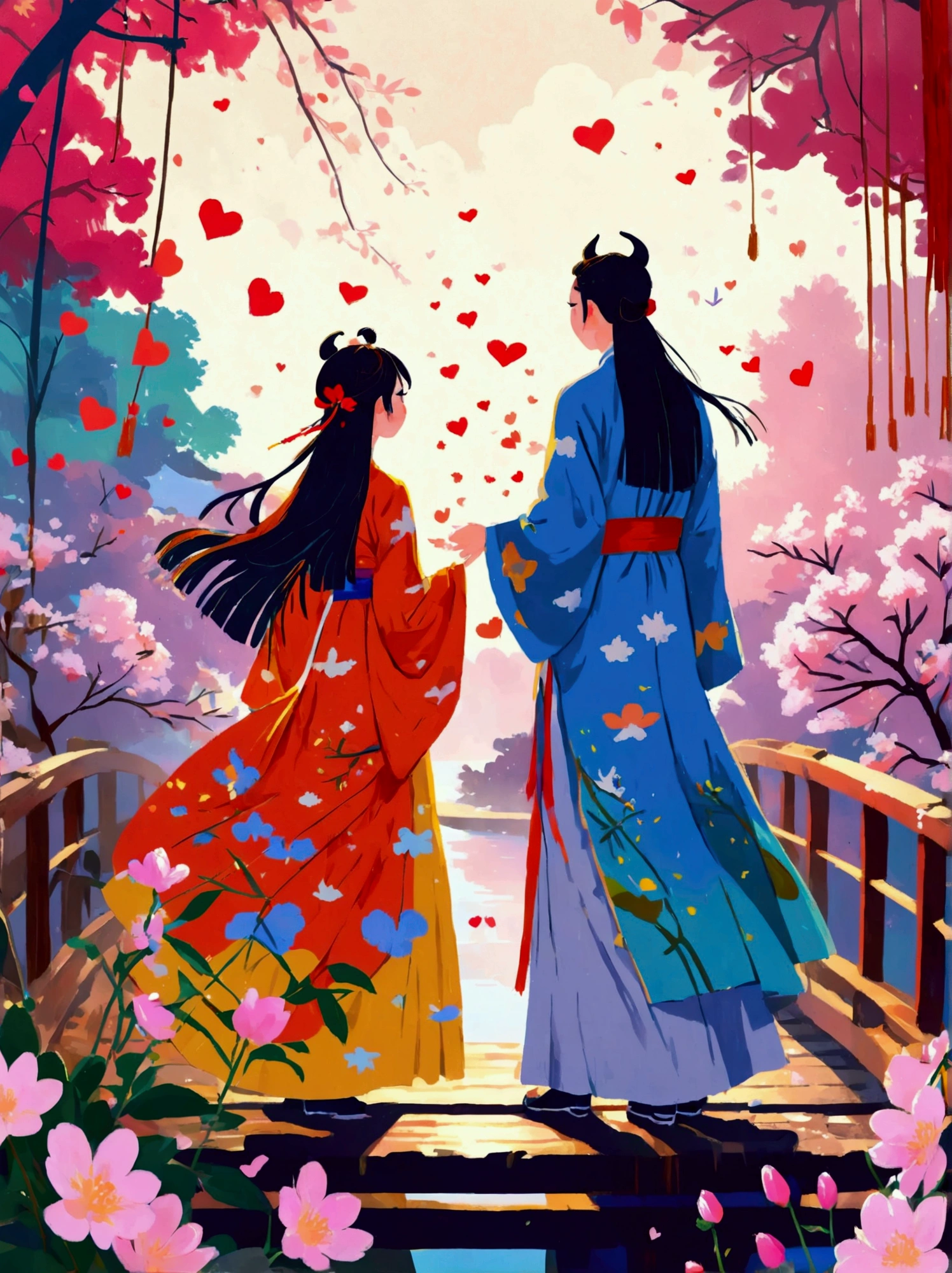 (((8k，Bright colors，Bright，Ultra high saturation，rgb, Colorful))), Chinese style，(Boy and girl in love:1.5)，(Flat poster design)，There are two people on the poster，(Cowherd and Weaver Girl standing on an elegant bridge:1.5)，The background is dreamy pink and purple，White magpies circling around them in the night sky，Surrounded by stars，Create a dreamy atmosphere，It is created in the style of Hayao Miyazaki&#39;s anime，In the foreground，There are some flowers in front，High Definition，High Detail，Dunhuang mural style，Dunhuang bright colors，Dunhuang Elements，Flat illustration