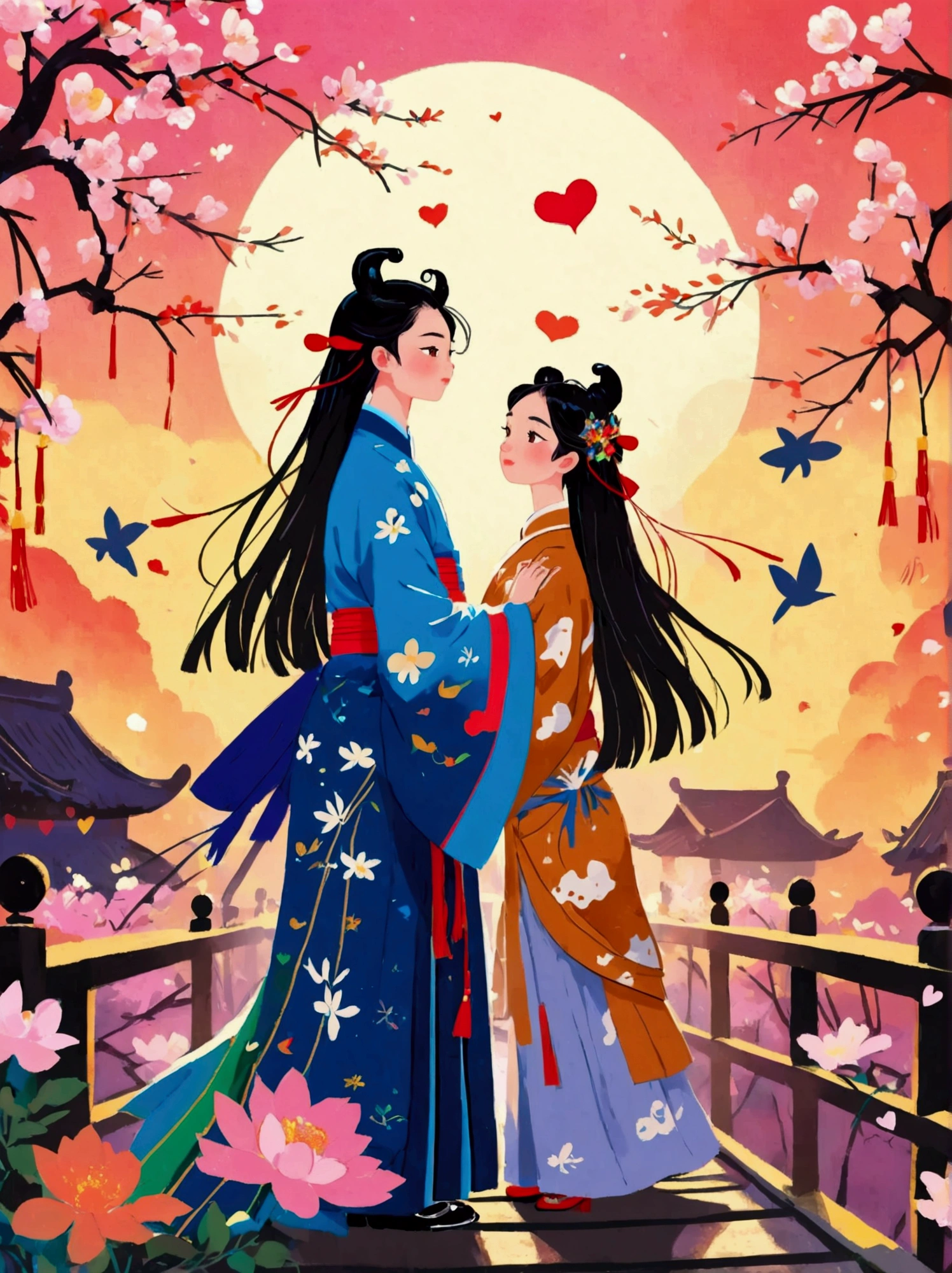 (((8k,Bright colors,Bright,Ultra high saturation,rgb, Colorful))), Chinese style,(Boy and girl in love:1.5),(Flat poster design),There are two people on the poster,(Cowherd and Weaver Girl standing on an elegant bridge:1.5),The background is dreamy pink and purple,White magpies circling around them in the night sky,Surrounded by stars,Create a dreamy atmosphere,It is created in the style of Hayao Miyazaki's anime,In the foreground,There are some flowers in front,High Definition,High Detail,Dunhuang mural style,Dunhuang bright colors,Dunhuang Elements,Flat illustration