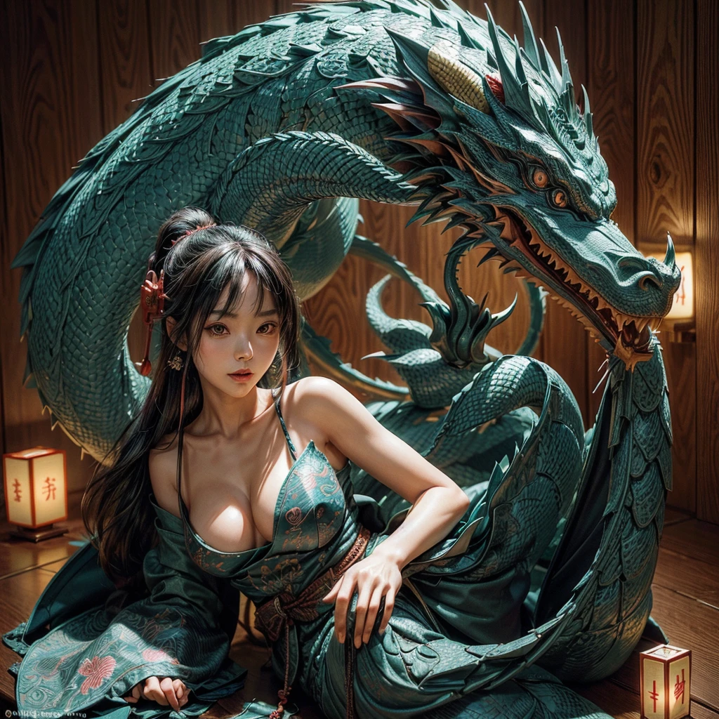 ((Japanese Kirigami style portrait of a human heart and set of lungs that form the basis of the head of a stylistic Asian dragon)). ((The body of the dragon extends down from the head area in a classic pose common in Japanese or Chinese wood block prints)). ((Kirigami styling)), Sublime rendering, extreme detailing, realistic reptilian body textures, dynamic magical and colorful background, 32k maximalist, fantasy art, sharp lines, masterpiece