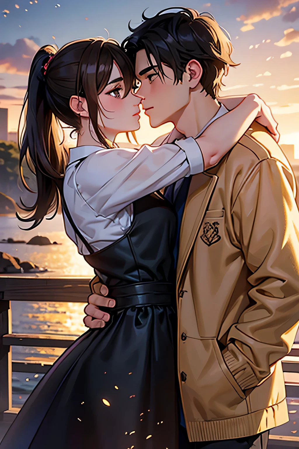 (Golden Ratio), anime couple, soft kiss, 1boy 1girl, peck, cute, loving, detailed hair, detailed faces, detailed eyes, digital art, 8K, octane render, masterpiece, best quality, Boy with black hair, boy with brown eyes, Girl with brown hair ponytail, girl with black eyes, particles, wind, cinematic light, natural landscape, picnic day