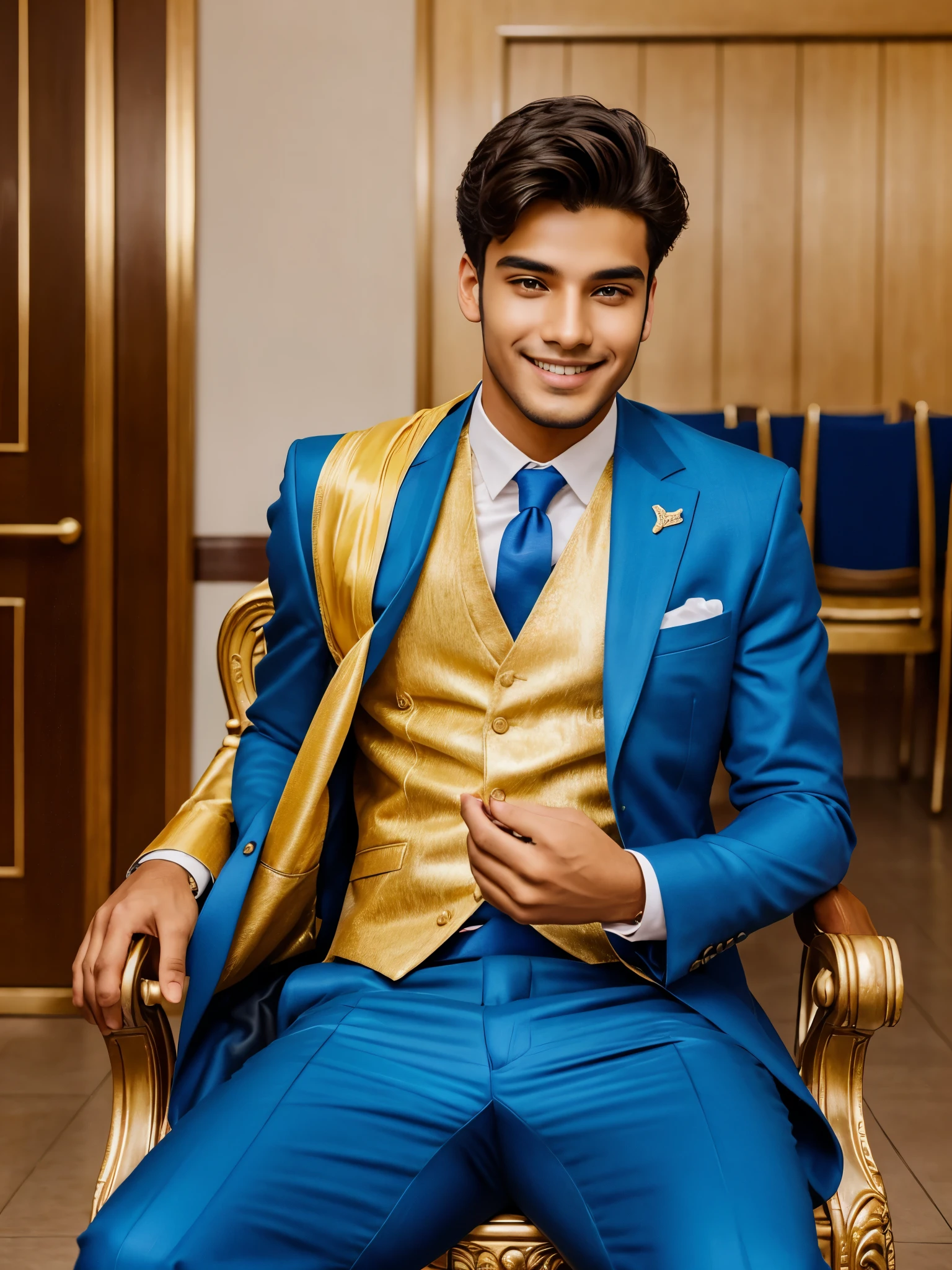 A man with blue suit entering in college, sitting with smile a golden colour king chair