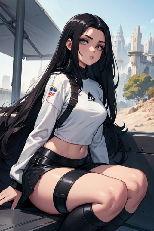 Olhos grandes de anime, pele negra, pele negra, pele negra, uma mulher negra, pele negra, cabelo crespo, linda, cabelo branco, fine African braids, olhos grandes, olhos de anime, olhos verdes, pele negra, Landing for a camera, pose meiga, pose fofa, roupas de inverno totalmente brancas peludas e peludas, {botas peludas}, {camisola peluda}, {toca peluda branca}, a musa de pele negra.