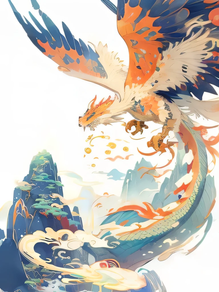 Brightly colored Chinese watercolor dragon flying over mountains with sky background, Dragon Art, 中国ink龙启发,Watercolor style,ink,Chinese Art Style,A beautiful artistic illustration