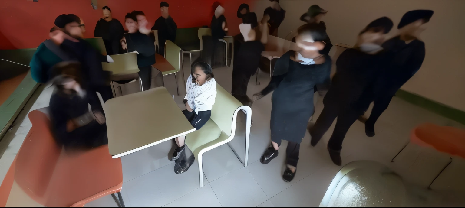 (Best quality, 8k, 32k, Masterpiece, UHD:1.2), "Transform the setting into a haunting cafeteria scene, reminiscent of a horror movie. Picture a lone girl sitting at a cafeteria table, surrounded by an eerie atmosphere. The room is dimly lit, with flickering fluorescent lights casting unsettling shadows. The girl sits in the center, her expression one of unease and fear.

Blurry black ghosts encircle her, their forms indistinct and shifting, as if made of smoke or shadows. These apparitions loom over her, their ghostly, distorted faces barely visible, adding to the chilling effect. The air is thick with a sense of dread, and the temperature seems to drop, creating an almost palpable coldness.

The cafeteria itself is in disarray, with overturned chairs and tables, and an eerie silence that amplifies every sound. The walls are lined with peeling paint, and the once vibrant posters now appear faded and ghostly. The overall scene is filled with a sense of abandonment and despair, as if the cafeteria has been left to decay for years.

Ensure the ghosts remain blurry and indistinct, enhancing the haunting, otherworldly atmosphere. The entire setting should evoke the feeling of being trapped in a nightmare, with the girl's fear and the presence of the spectral figures creating a truly chilling tableau."