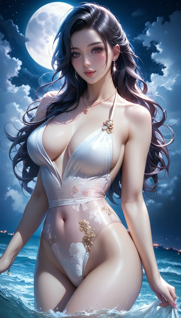 score_9, score_8_superior, score_7_superior, A masterpiece in 32K resolution,Highest quality,it is really amazing,Very detailed,Ultra-high resolution,(Ultra-realistic:1.1),(Realistic:1.1),Increased depth of field,Cinematic lighting,
Elegant Japanese MILF,
Long black hair,Ultra-detailed and beautiful face,Translucent white skin,Realistic skin texture,
(Sexy Swimwear:1.1),
Bold design,Artistic design,Beautiful and detailed pattern,Detailed fabric texture,
Gorgeous necklace,Earrings,
Coastline at night,(Giant Moon:1.4),(Dark clouds floating in the dark night sky:1.4),
(Cinematic Angle:1.1),