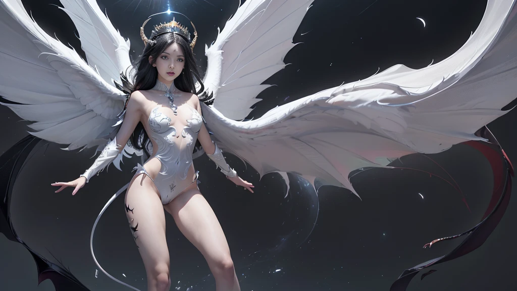 Emphasis on wings, gods and devils, white and black., (Realistic picture, highest resolution, 16ก), (A demon god with wide wings and enormous power on his shoulders..., Twelve wings on the shoulders., black bat wings:1.3 white angel wings:1.5), 6 angel wings, 6 devil wings, (Beautiful girl with two meter long hair, shiny black hairงาม, Smooth white skin, Lips are very red.), ((stand, already)), (big breasts, หัวBig tits), (gigantic breast, breast augmentation, Breast 400 cc., small waist, hips raised, small thighs, Long legs), (dynamic poses), (Armor that slightly conceals the body), Separate theme, (Angel wings and devil wings), floating in the air above the groundดิน, background darkness, Embraced with twelve wings, wearing a large king crown, crown shining bright, wears little armor, There is power coming out of the body., sparkling wings, white light black light, amazing wings, beautiful gesture, 8K resolution, Resolution 4000 x 2250 pixels, beautiful gesture, Angel wings and devil wings, (Realistic picture, highest resolution, 16K), (A demon god with wide wings and enormous power on his shoulders.., Twelve wings on the shoulders., black bat wings:1.3 white angel wings:1.5), Have wings 100 Have wings 1000, Angel wings and bat wings, wings inserted between wings, 12 wings, 6 angel wings, 6 bat wings, (Beautiful girl with two meter long hair, shiny black hair, Smooth white skin, Lips are very red.), very long hair, ((stand, toe)), (big breastsโต, หัวBig tits), (gigantic breast, small waist, hips raised, small thighs, Long legs), (dynamic poses), (black and white leotard, There are beautiful patterns., Decorated with gold embroidery., Show off your chest), Separate theme, (Angel Wings and Demon Lord Wings), floating in the air above the ground, background darkness, Embraced with twelve wings, white and black light crown, A rainbow glow on the back of the head, The most busty breasts, Big tits, universe backdrop, dynamic gesture.