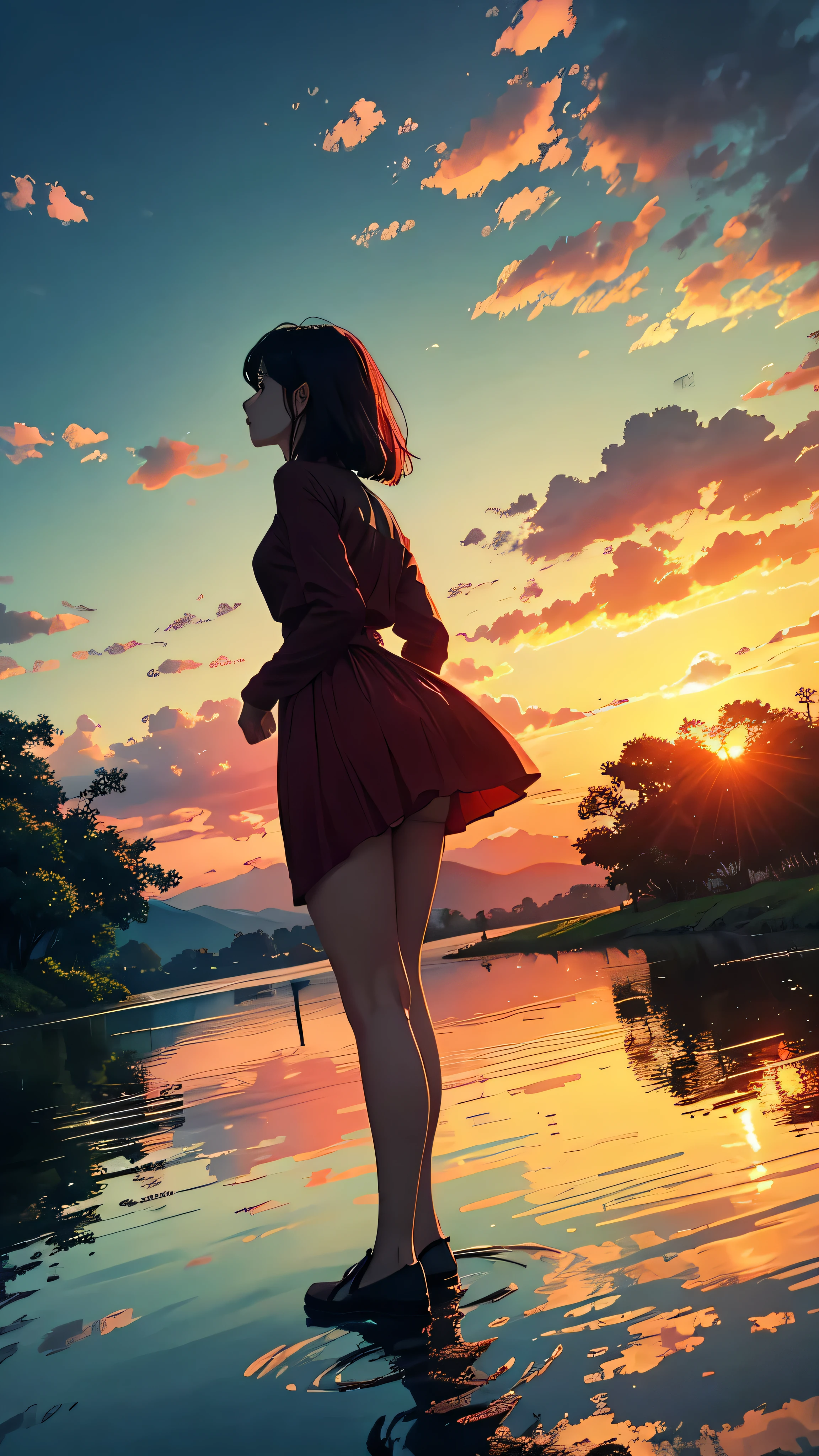 Every sunset carries the promise of a new dawn. Accept the outcome, Paving the way for a beautiful beginning. Nature painting. green, red tint, cloudy, sunset, green、A woman is reflected in the photo.