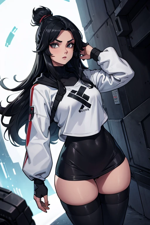 Age 22, White skin girl, , Bblack hair, extremely long hair, , sweatshirt clothes, futuristic armor, Female One, short preto, blackstockings, Women&#39;black sneakers, Bblack hair, hair between the eyes, Bblack hair, cloused mouth, range, cabelo bagunçado Bblack hair cabelo extremamente longos olhos cinzas