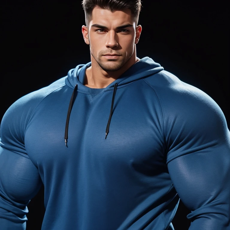 a very handsome young man, massively muscular, with massively large muscles, with massively large biceps, with massively large arms, wearing a simple blue sweatshirt with long sleeves, on a black background, seen close up