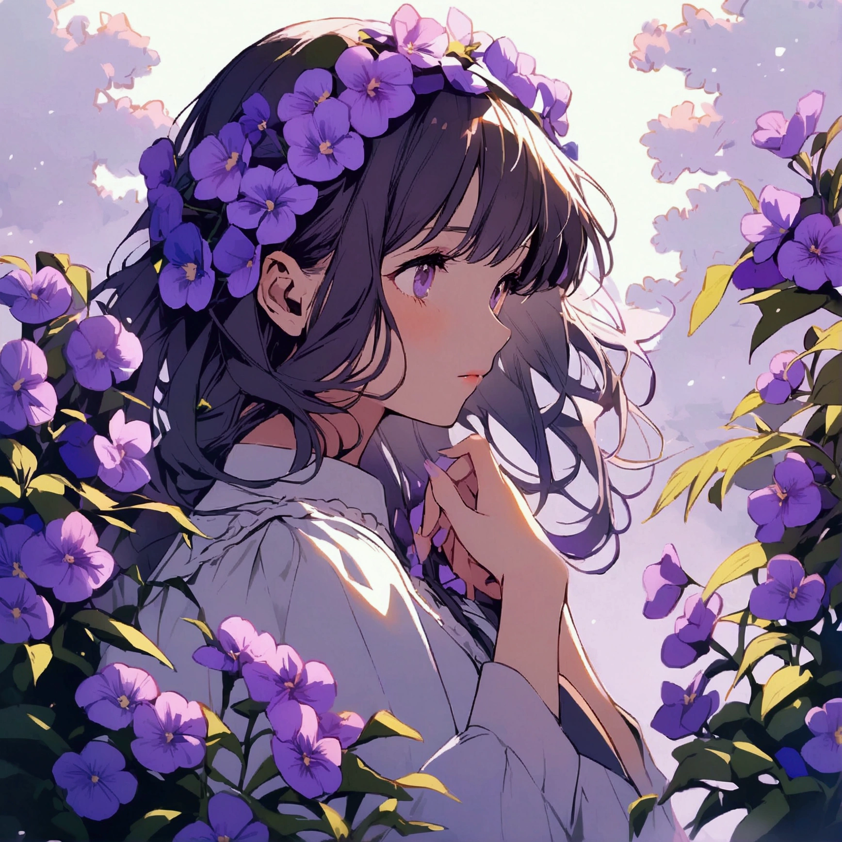 A woman surrounded by purple flowers, simple, nostalgic