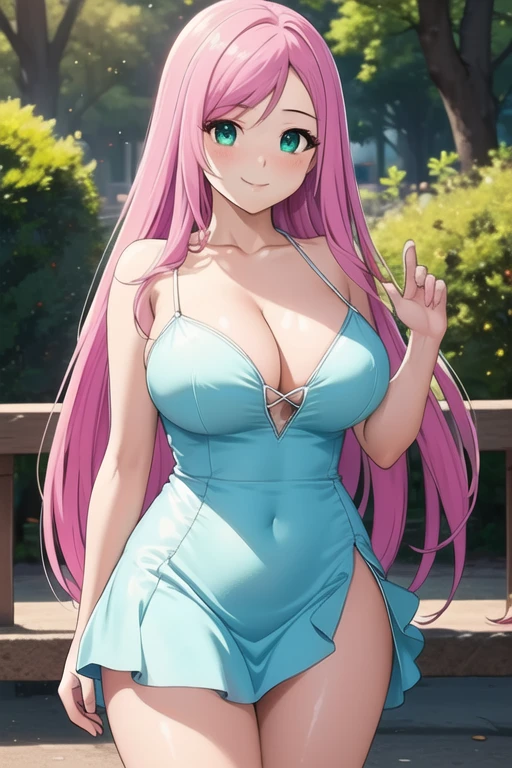 1 girl, 19 years old, Long pink hair, green eyes with slit pupils, master-piece, best quality, (standing up), (short dress), (floral, spaghetti strap, short blue summer light blue dress), (Big , ultra gigantic , Super super big, Glamorous body), Make eye contact with the camera, front figure, looking forward, (light_Smile:1.5), (Detailed hands and fingers:1.2) (In the sunny park), (FULL BODYSHOT), thighs thighs thighs thighs、beauty legs、Bare legs