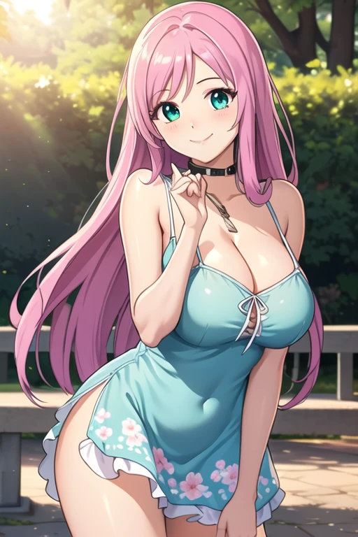 1 girl, 19 years old, Long pink hair, green eyes with slit pupils, master-piece, best quality, (standing up), (short dress), (floral, spaghetti strap, short blue summer light blue dress), (Big , ultra gigantic , Super super big, Glamorous body), Make eye contact with the camera, front figure, looking forward, (light_Smile:1.5), (Detailed hands and fingers:1.2) (In the sunny park), (FULL BODYSHOT), thighs thighs thighs thighs、beauty legs、Bare legs