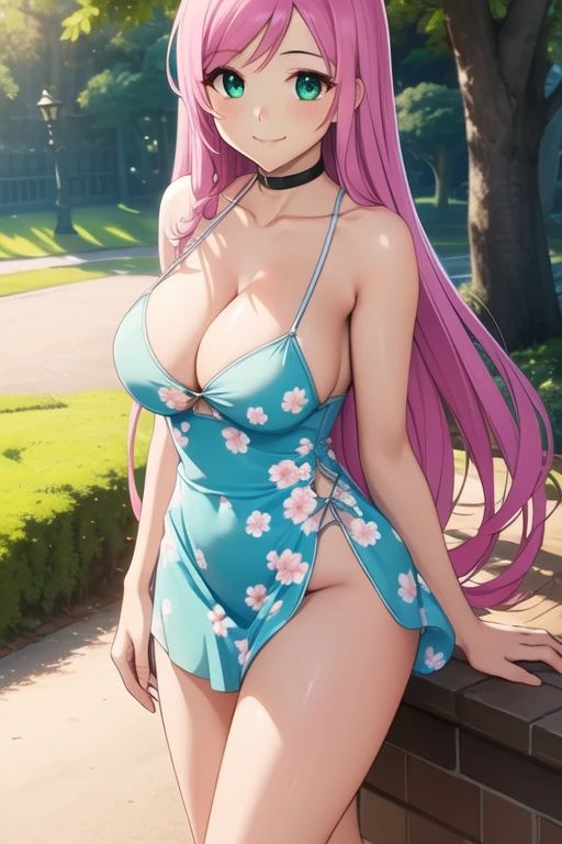 1 girl, 19 years old, Long pink hair, green eyes with slit pupils, master-piece, best quality, (standing up), (short dress), (floral, spaghetti strap, short blue summer light blue dress),  (Big , ultra gigantic , Super super big, Glamorous body), Make eye contact with the camera, front figure, looking forward, (light_Smile:1.5), (Detailed hands and fingers:1.2) (In the sunny park), (FULL BODYSHOT), thighs thighs thighs thighs、beauty legs、Bare legs