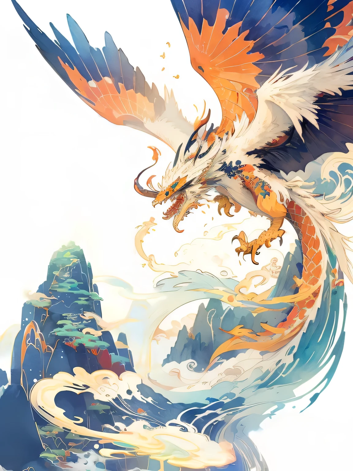 Brightly colored Chinese watercolor dragon flying over mountains with sky background, Dragon Art, 中国ink龙启发,Watercolor style,ink,Chinese Art Style,A beautiful artistic illustration