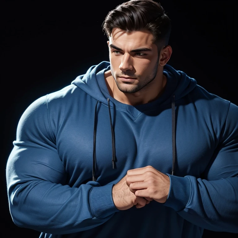 a very handsome young man, massively muscular, with massively large muscles, with massively large biceps, with massively large arms, wearing a simple blue sweatshirt with long sleeves, on a black background, seen close up