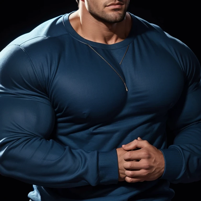 a very handsome young man, massively muscular, with massively large muscles, with massively large biceps, with massively large arms, wearing a simple blue sweatshirt with long sleeves, on a black background, seen close up