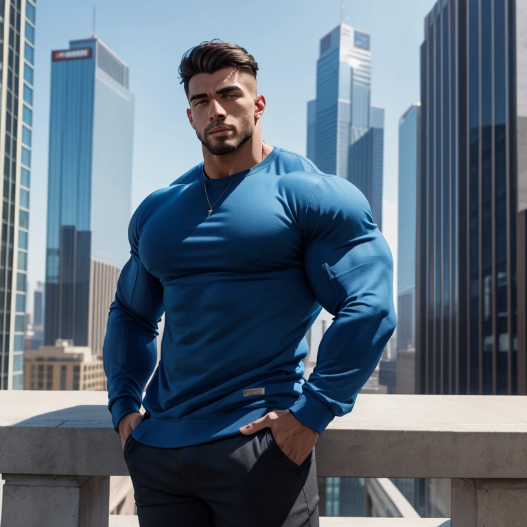 a very handsome young man, massively muscular, with massively large muscles, with massively large biceps, with massively large arms, wearing a simple blue sweatshirt with long sleeves, on top of a building, seen close up