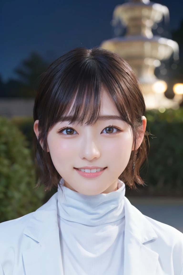 masterpiece, Highest quality, One Woman, (White coat、Light blue turtleneck:1.2), 22 years old、(RAW Photos, Highest quality), (reality, Realistic:1.4), Upper Body、Clean look、Iris、very detailed eyes and face, Beautiful and detailed nose, beautiful eyes, Cinema Lighting, (Plein Air:1.3), Fountain at night, Reflection of light, Perfect Anatomy、Black short hair、bangs、Crystal skin, A cool smile、Face Focus
