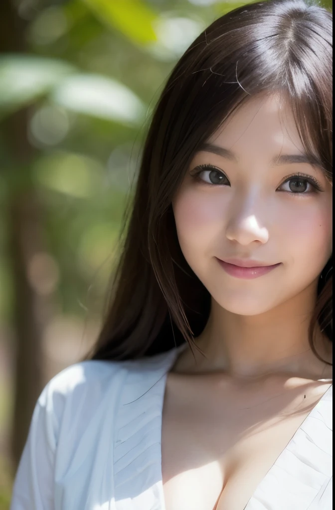 best quality, face focus, soft light, ultra high res, (photorealistic:1.4), RAW photo,(Shinozaki Ai),
1japanese girl, solo, cute, kawaii, smile, (pupil, lights in the eyes), detailed beautiful face, (),(high resolution detail of human skin texture),(long hair),(portrait), chest up, white traditional kimono, in the forest,