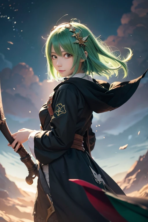 Anime girl with green hair and a black cloak flying in the sky, Zerochan Art, artstation pixivでトレンド, Splash art anime , Anime Art Wallpapers 8K, guweiz on pixiv artstation, Touhou Project official artwork, Highly detailed official artwork, Anime illustration, Ayaka Genshin Impact, Digital art on Pixiv, Beautiful anime artwork