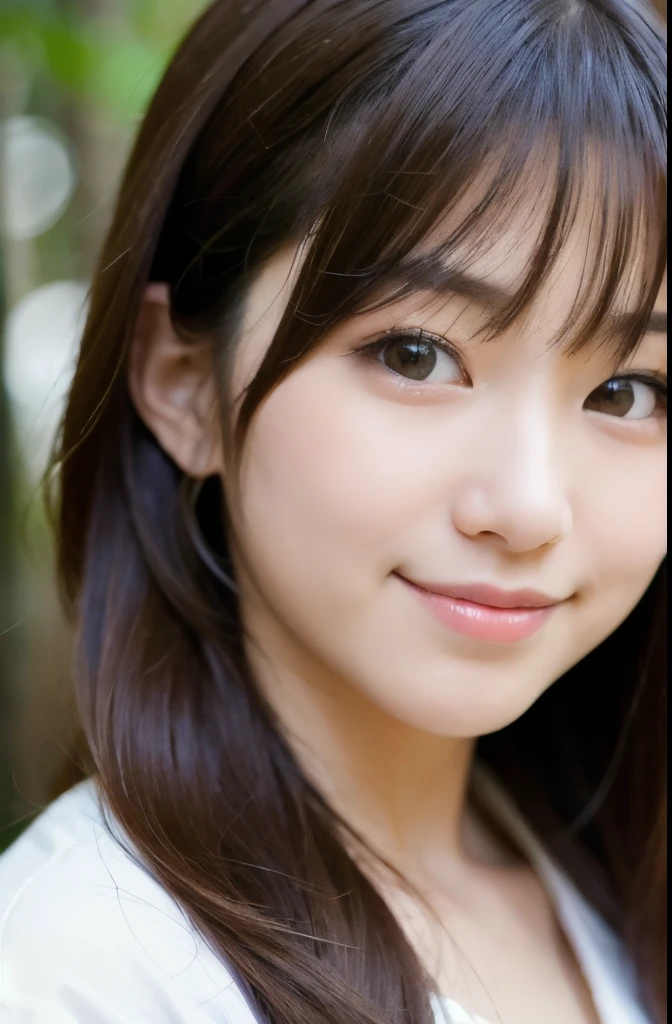 best quality, face focus, soft light, ultra high res, (photorealistic:1.4), RAW photo,(Shinozaki Ai),
1japanese girl, solo, cute, kawaii, smile, (pupil, lights in the eyes), detailed beautiful face, (busty),(high resolution detail of human skin texture),(long hair),(portrait), chest up, white traditional kimono, in the forest,