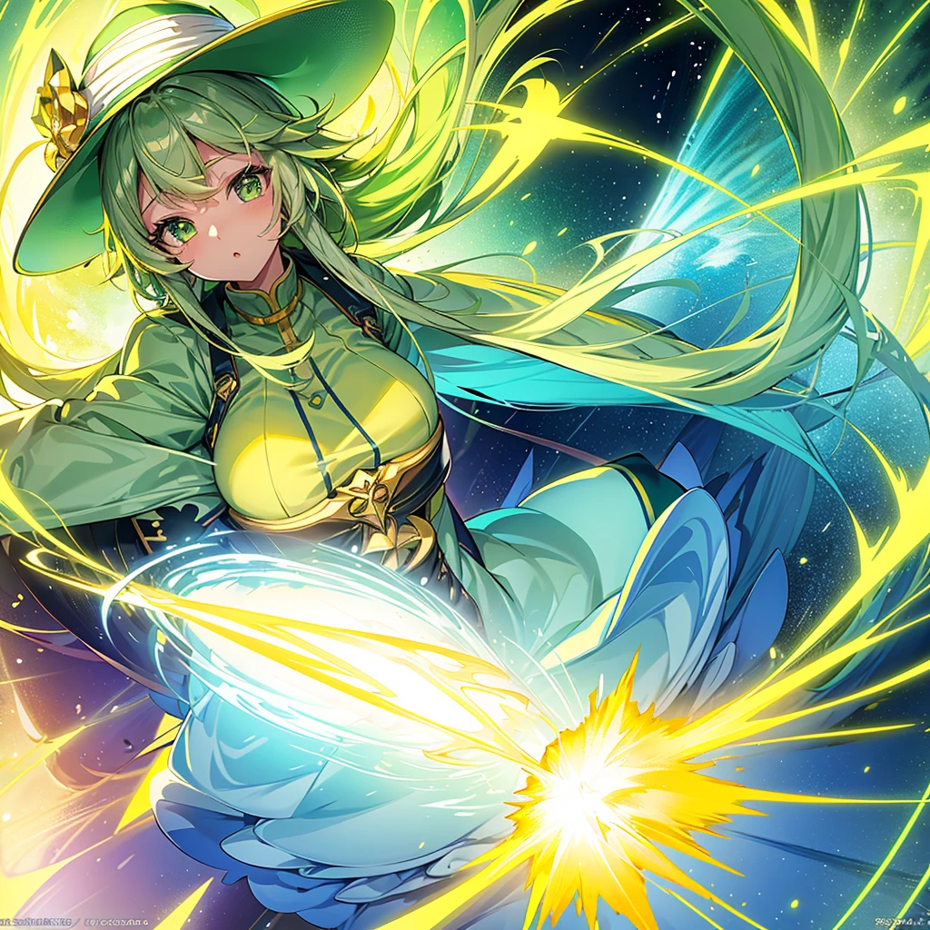 1girl、Dynamic composition、Yellow-green laser、(((Best Quality、Masterpiece、Official Art、Anime Style、The best dynamic composition、超detailed)))、Shine Muscat personification,Yellow-green hunting hat and coat,Light soft color coat and hat,Super huge、detailed、whole body、The finest details、