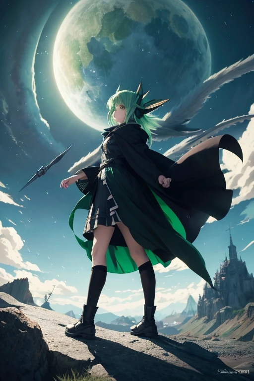 Anime girl with green hair and a black cloak flying in the sky, Animated drawing by Kamagurka, pixiv Contest Winner, Conceptual Art, Zerochan Art, artstation pixivでトレンド, Splash art anime , guweiz on pixiv artstation, Anime Art Wallpapers 8K, Touhou Project official artwork, Highly detailed official artwork