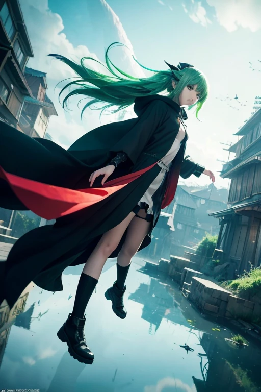 Anime girl with green hair and a black cloak flying in the sky, Animated drawing by Kamagurka, pixiv Contest Winner, Conceptual Art, Zerochan Art, artstation pixivでトレンド, Splash art anime , guweiz on pixiv artstation, Anime Art Wallpapers 8K, Touhou Project official artwork, Highly detailed official artwork