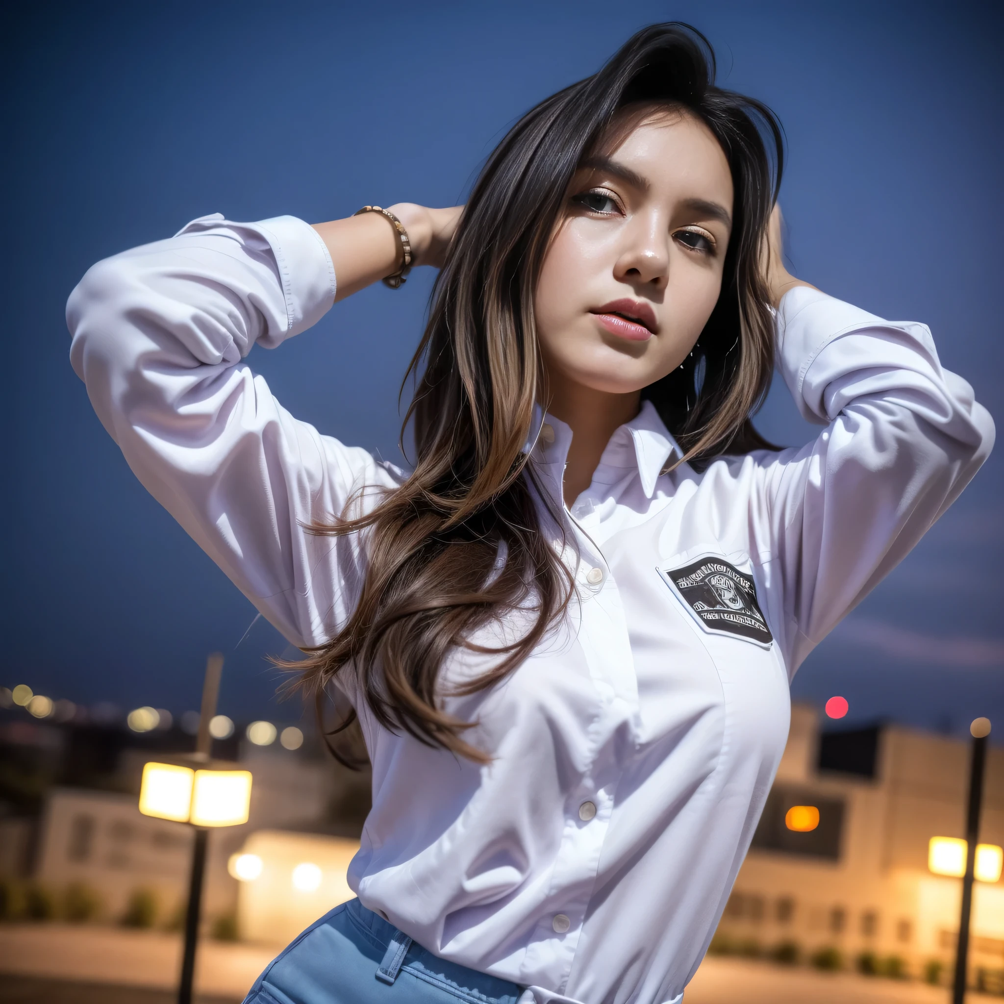 1girl, (uniform), standing, outdoors, night view, detailed Metropolitan city at the background, (above head shot: 1.4), detailed face, detailed eyes, brunette, big breasts, smooth realistic skin, semi-curvy body, white shirt, grey blue hot pants, looking at the audience, (8k, RAW photo, best quality, masterpiece: 1.2), (realistic, realistic: 1.37), ultra-high resolution