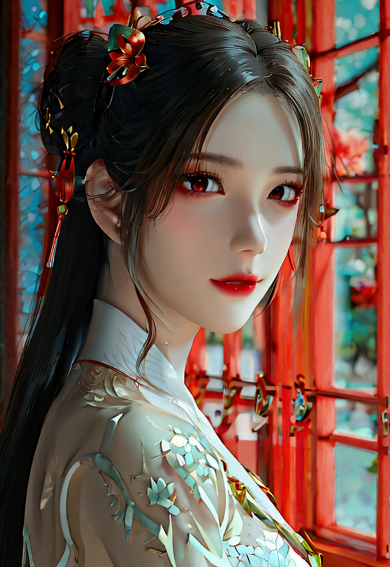 4K, UHD, Masterpiece, 1 woman, perfect body, Good page., long hairมาก, ((white skin)), red chinese dress, bare waist, Fuji Color, window, depth of field, Ray Tracing, Ultra Realistic Details, Attractive poses, She has a slim, beautiful, and delicate face.., sharp eyes, long hair, responsive face, high nose, and thin lips, Her skin was white and radiant.., She has light brown hair.., And her figure was slim and slightly muscular.