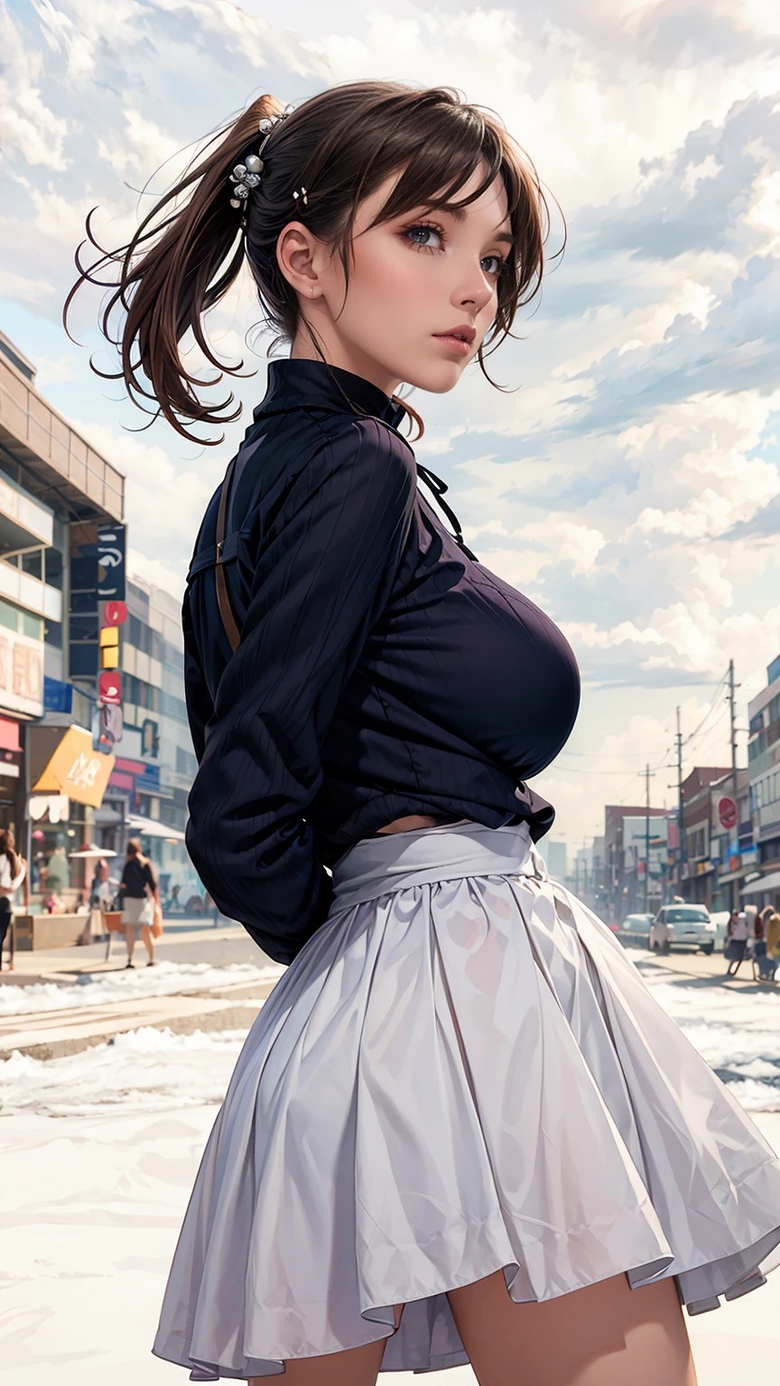 (（（Perfect body,White and tender skin,（（（blue sweater，cropped jacket，grey dress，high-waist skirt，）））,（（（Kobeni Higashiyama, black hair, hair ornament, hairclip,  ponytail, short hair, (brown eyes:1.5),）））,((masterpiece)),highres,((Best quality at best)),masterpiece,quality,Best quality,(（（ Exquisite facial features,Looking at the audience,There is light in the eyes,(（（frown，Wronged））），Look up）））,（（（Light and shadow,Huge breasts,）））,（（（View from behind ,White background)））)