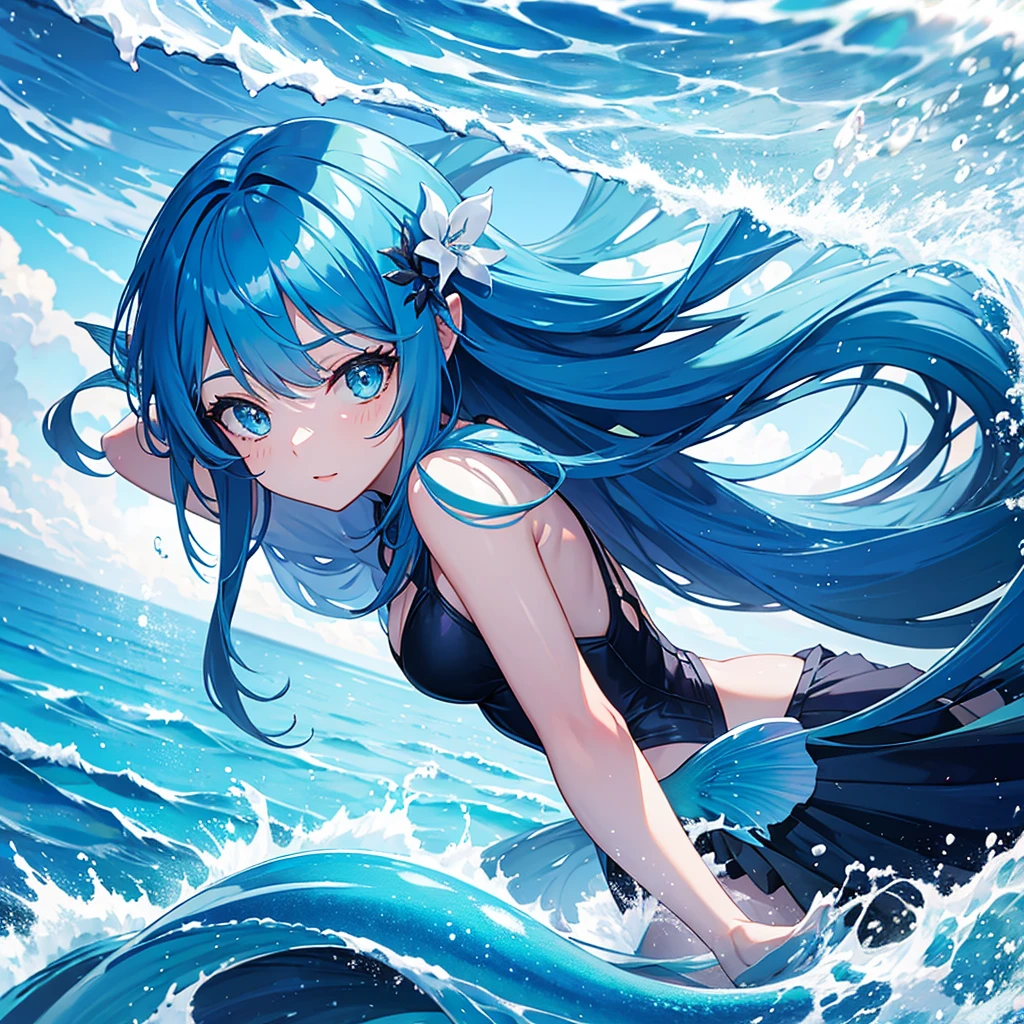 Blue mermaid, long blue hair, bangs blue miniskirt ocean flower